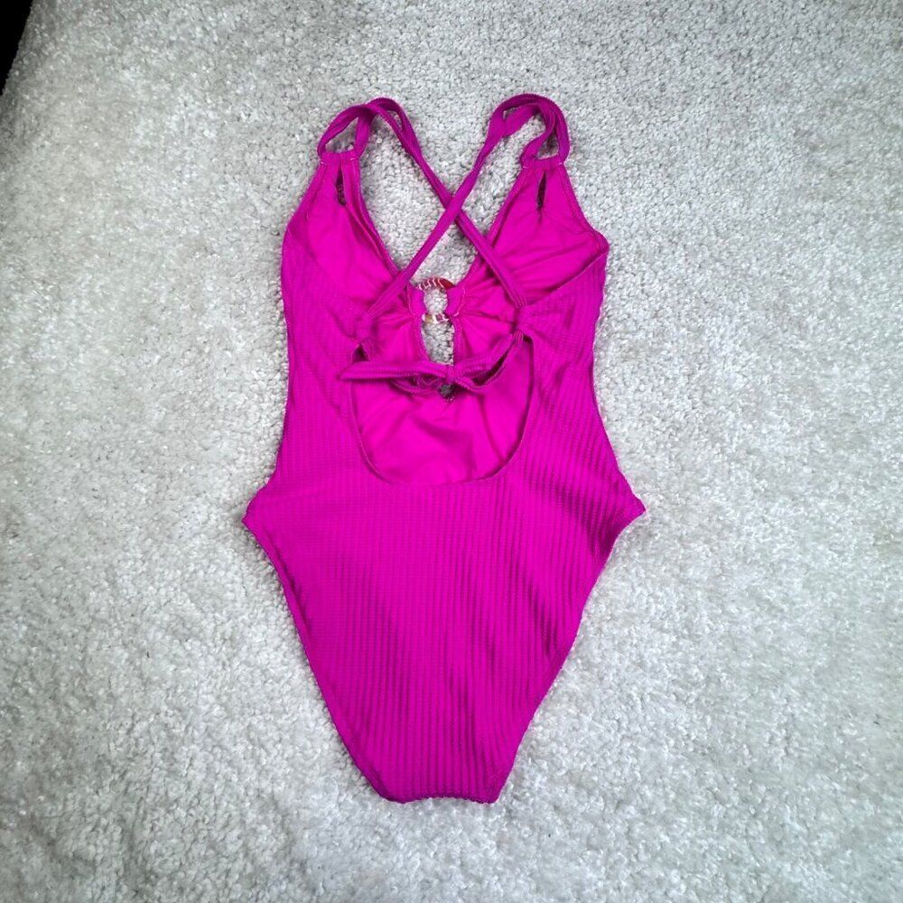 Becca One Piece Ring Center Tie Back Swimsuit Azalea Pink Large - Picture 2 of 9